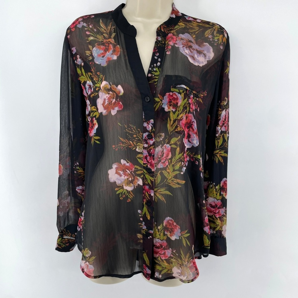 Kut From The Kloth Top Women Sz S Sheer Black Pink Floral Button‎ Front Romantic